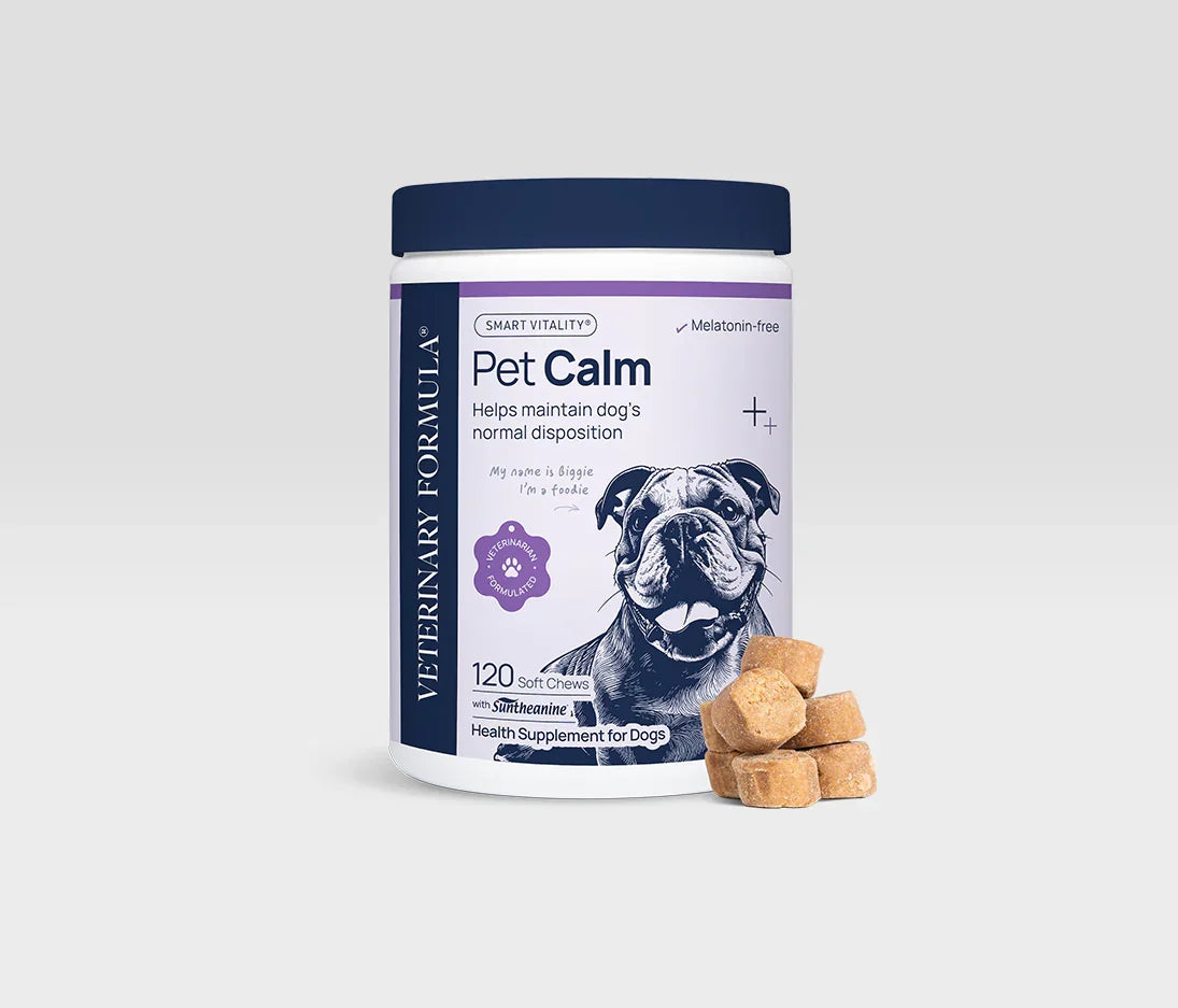 Pet Calm dog supplement with 120 soft chews for calm behavior, melatonin-free formula for canine wellness